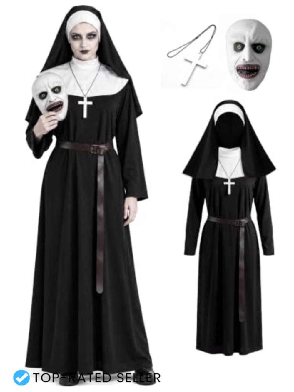 Unisex Scary Nun Halloween Costume Complete Set with Mask & Belt